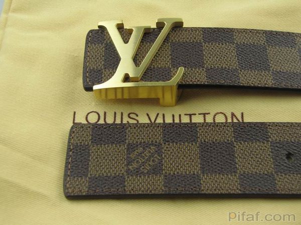 lv皮帶 咖啡色棋盤格金色字母扣-3