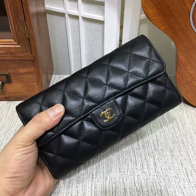 31507 羊皮菱格兩折口蓋錢包 金色五金-2