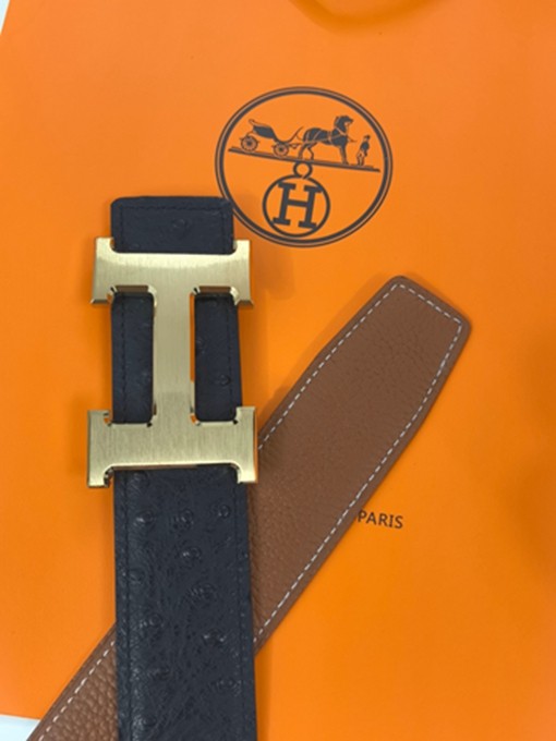 愛瑪仕經典原單品質 鴕鳥紋配黃荔枝紋 雙面可用皮帶-14