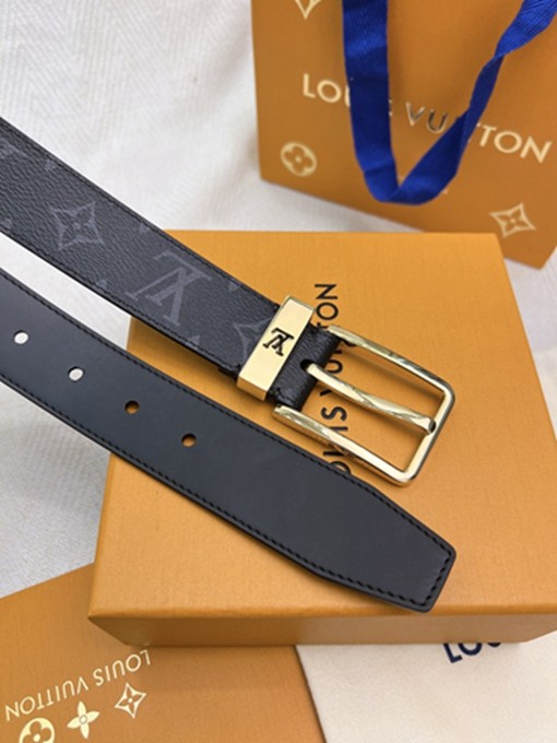 LV 扣頭字母logo黑花皮帶-6