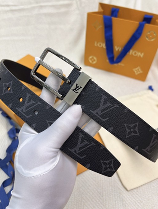 LV 扣頭字母logo黑花皮帶-11