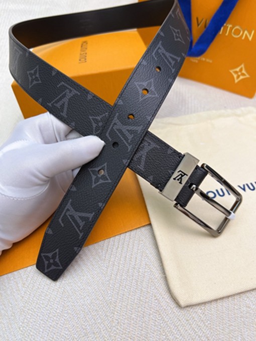 LV 扣頭字母logo黑花皮帶-14