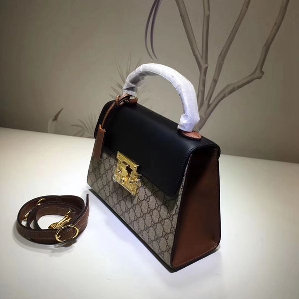 453188原單咖啡PVC 黑 棕牛皮 Padlock 具有結構感的小號手提包  28x19x11cm-2
