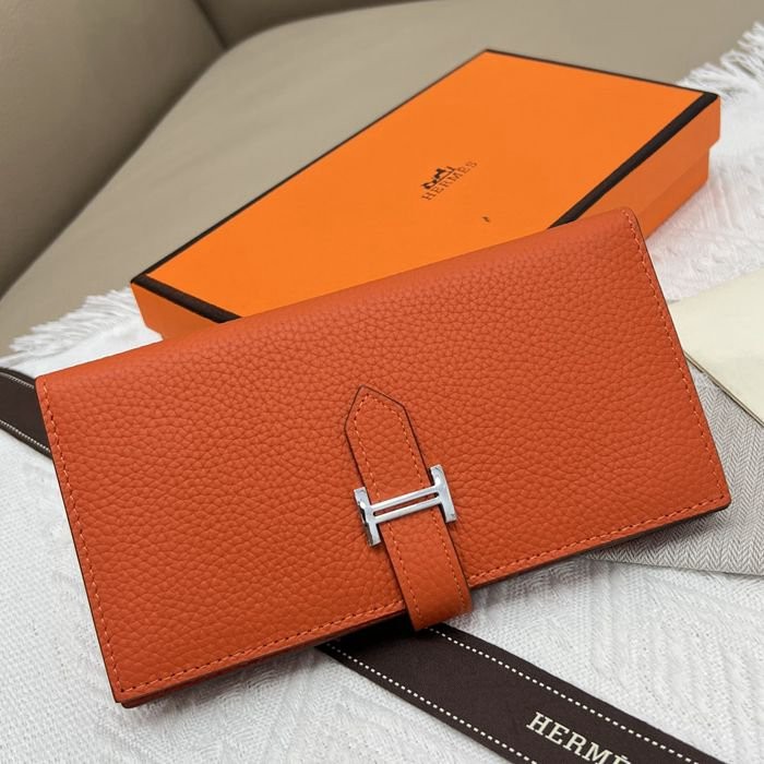 愛馬仕Hermes 橙色牛皮內拉鏈口袋豎款錢包 9X17.5 CM 橙色