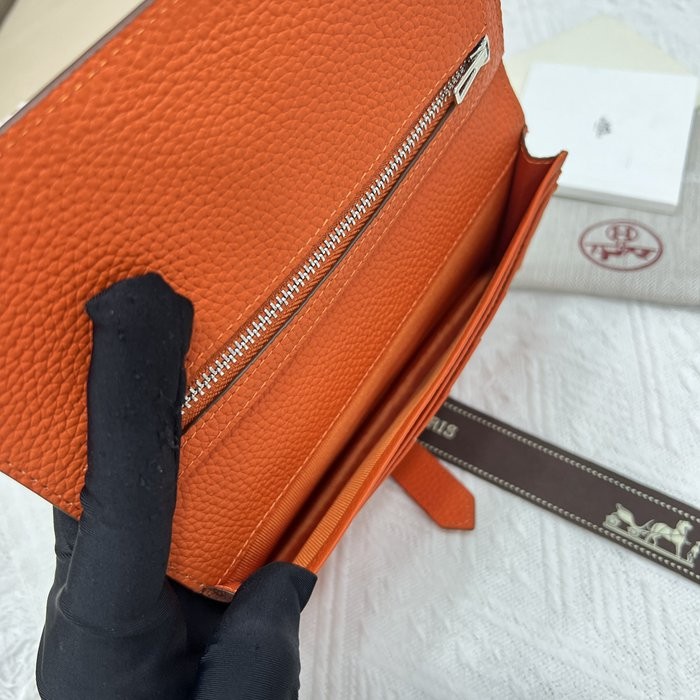愛馬仕Hermes 橙色牛皮內拉鏈口袋豎款錢包 9X17.5 CM 橙色-2