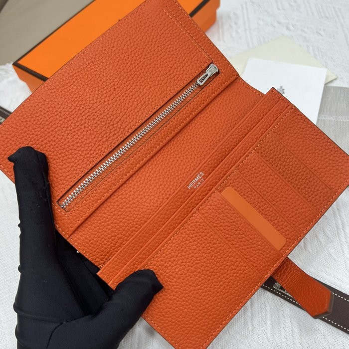 愛馬仕Hermes 橙色牛皮內拉鏈口袋豎款錢包 9X17.5 CM 橙色-3