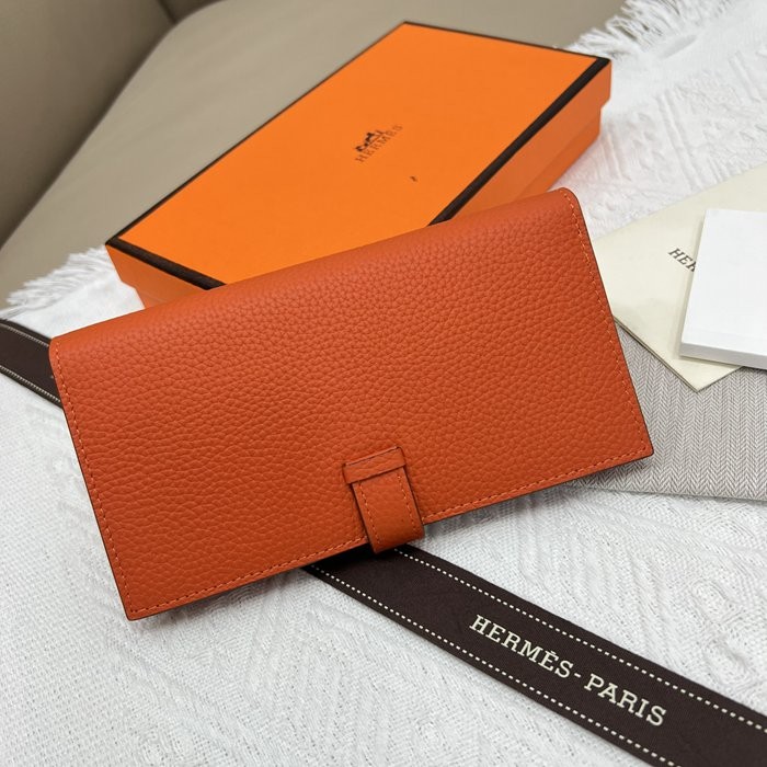 愛馬仕Hermes 橙色牛皮內拉鏈口袋豎款錢包 9X17.5 CM 橙色-4