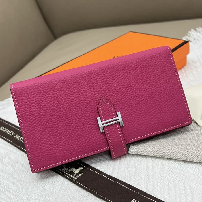 愛馬仕Hermes 玫紅牛皮內拉鏈口袋豎款錢包 9X17.5 CM