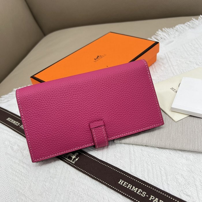 愛馬仕Hermes 玫紅牛皮內拉鏈口袋豎款錢包 9X17.5 CM-4