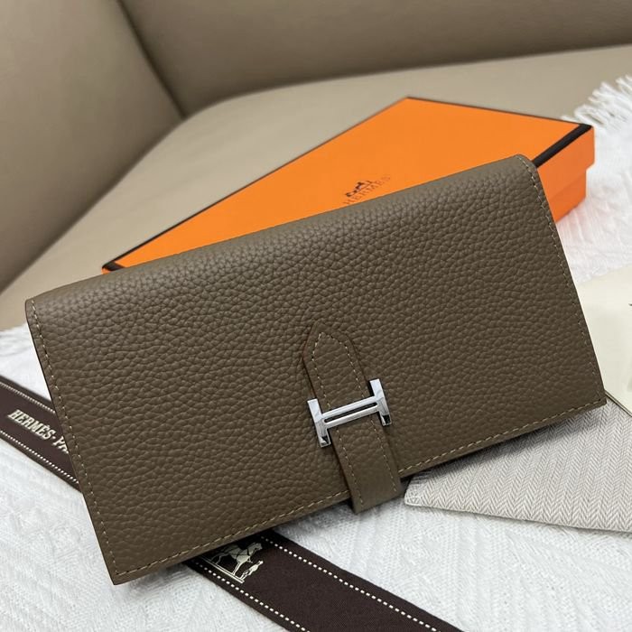愛馬仕Hermes 杏色牛皮內拉鏈口袋豎款錢包 9X17.5 CM