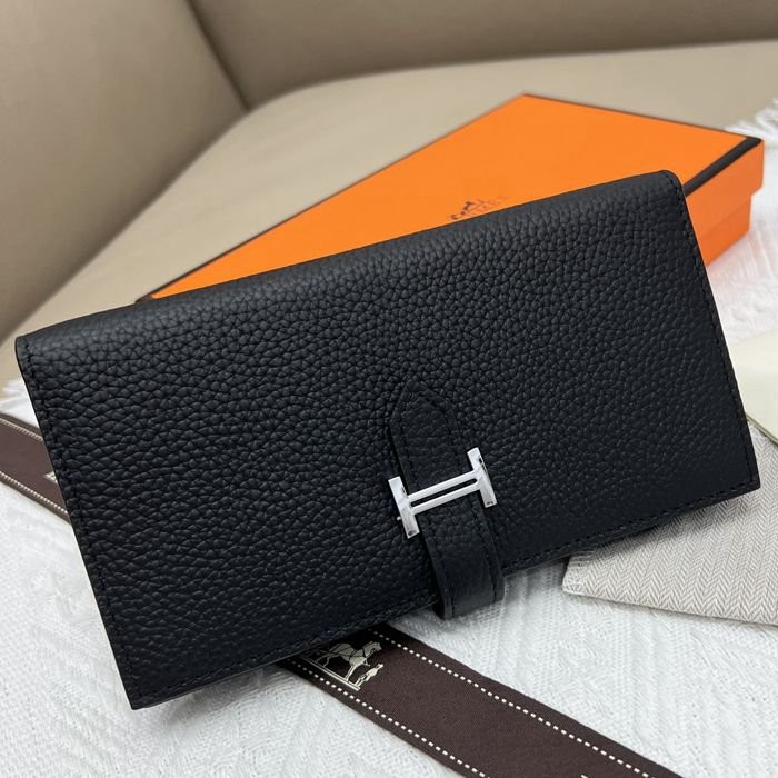 愛馬仕Hermes 黑色牛皮內拉鏈口袋豎款錢包 9X17.5 CM