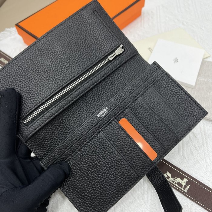 愛馬仕Hermes 黑色牛皮內拉鏈口袋豎款錢包 9X17.5 CM-2
