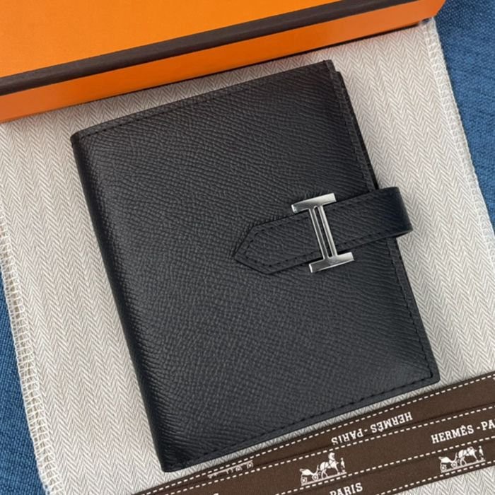 Hermes 黑色牛皮口袋豎款錢包 10*12CM