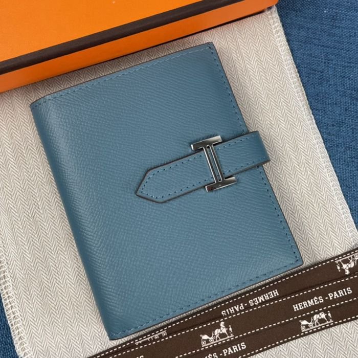 Hermes 中藍色牛皮口袋豎款錢包 10*12CM
