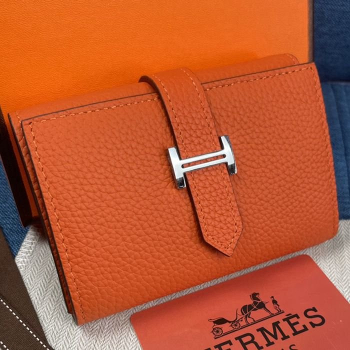 Hermes Togo 皮 橙色牛皮口袋三折錢夾 10*12CM