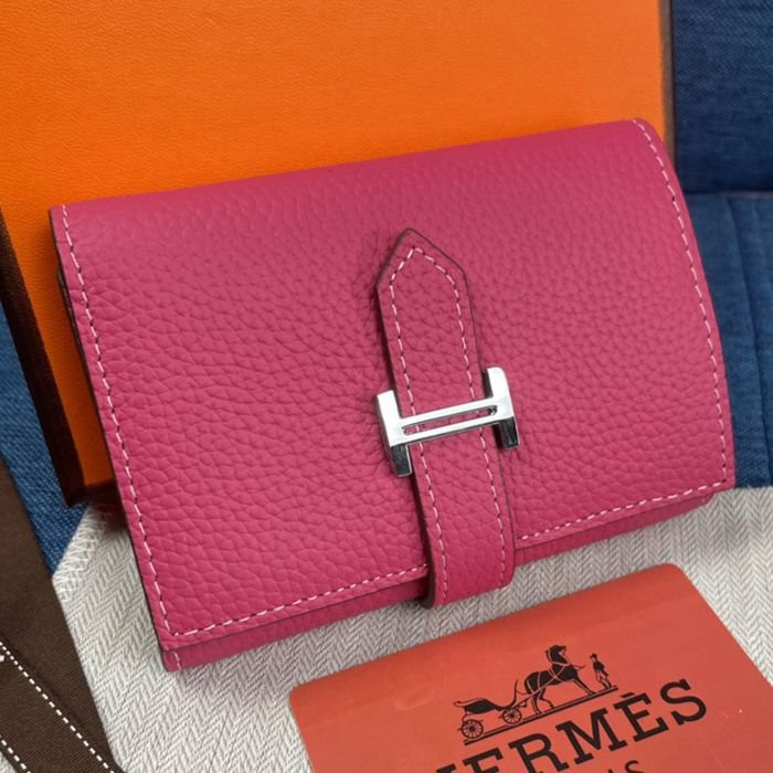 Hermes Togo 皮 玫紅色牛皮口袋三折錢夾 10*12CM