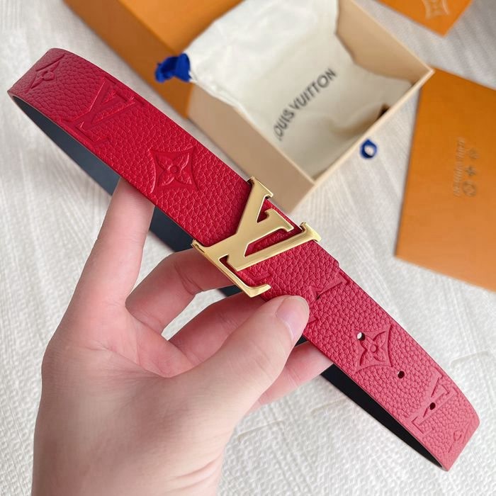 LV 原單字母扣皮帶 紅色雙面頭層牛皮 寬3CM